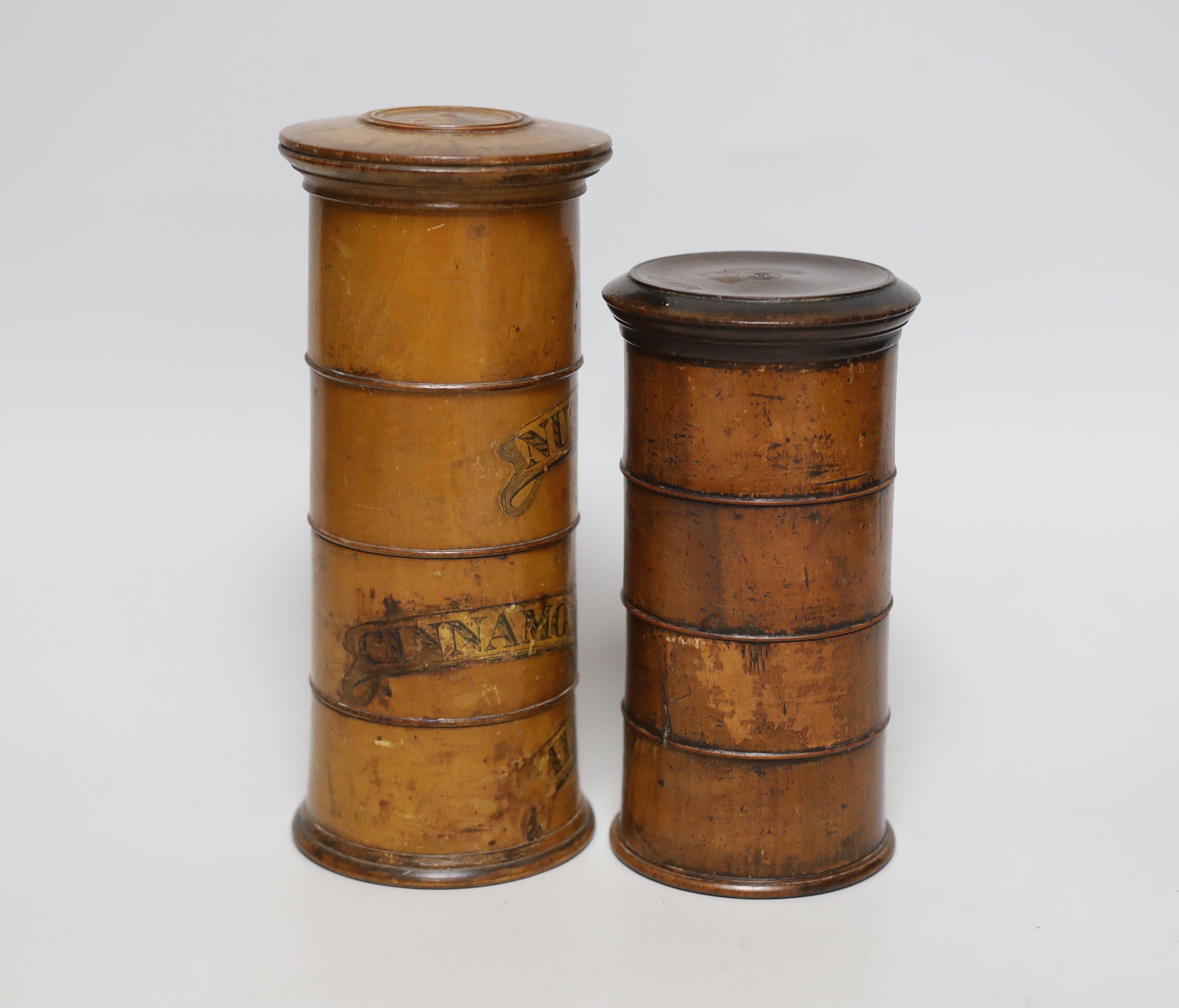 Two 19th century treen spice towers, tallest 19.5cm